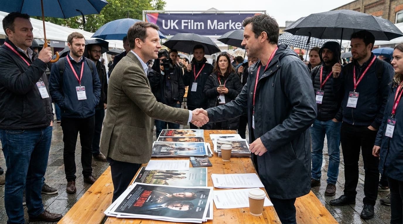 Film market deal handshake at a festival