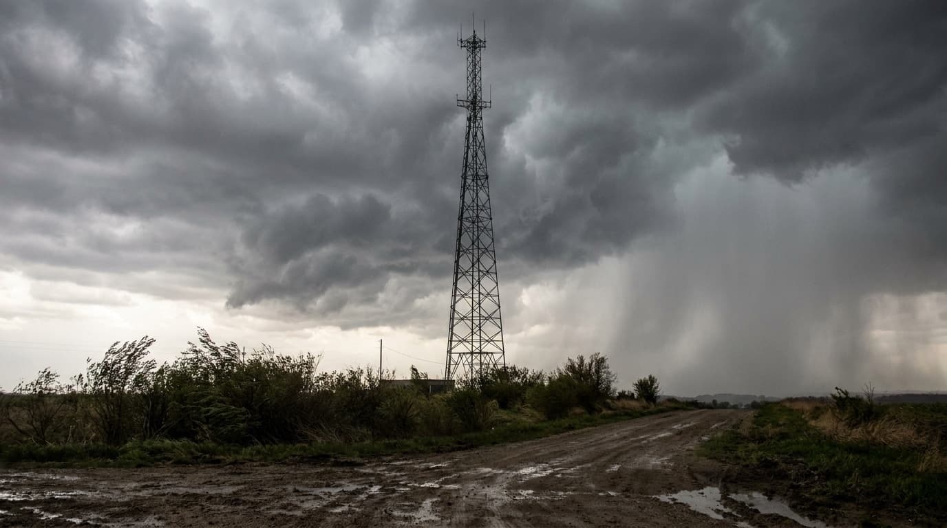 A US television network broadcast tower against a stormy sky