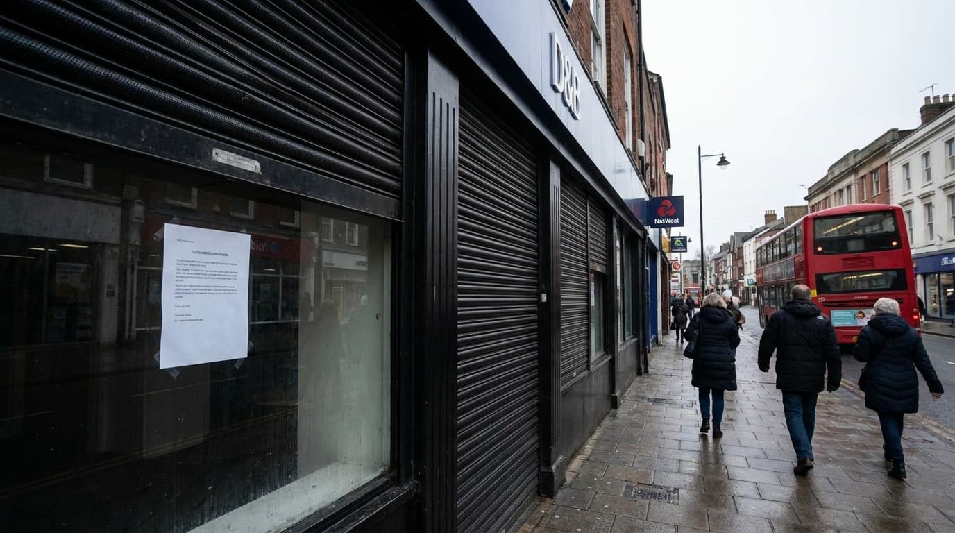A closed high street bank branch with shutters down and a notice in the window