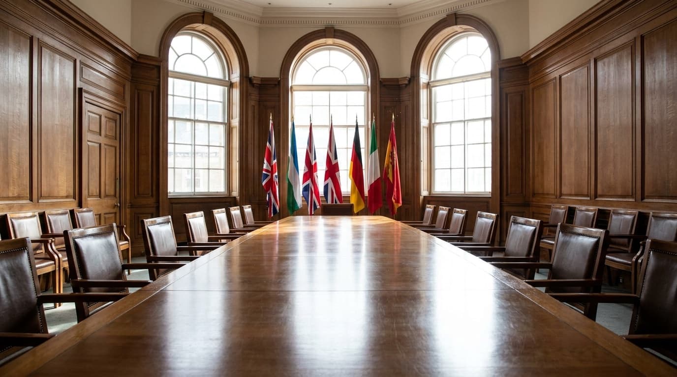 Empty wood-panelled central bank boardroom with a long table and national flags