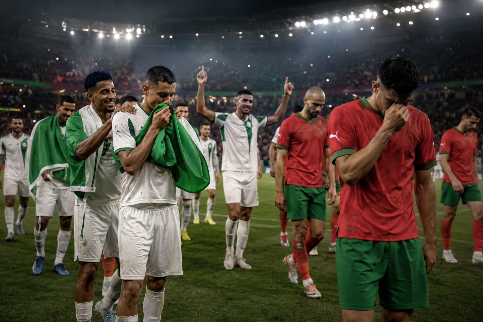 A footballer celebrating a goal with arms outstretched in front of a packed stand