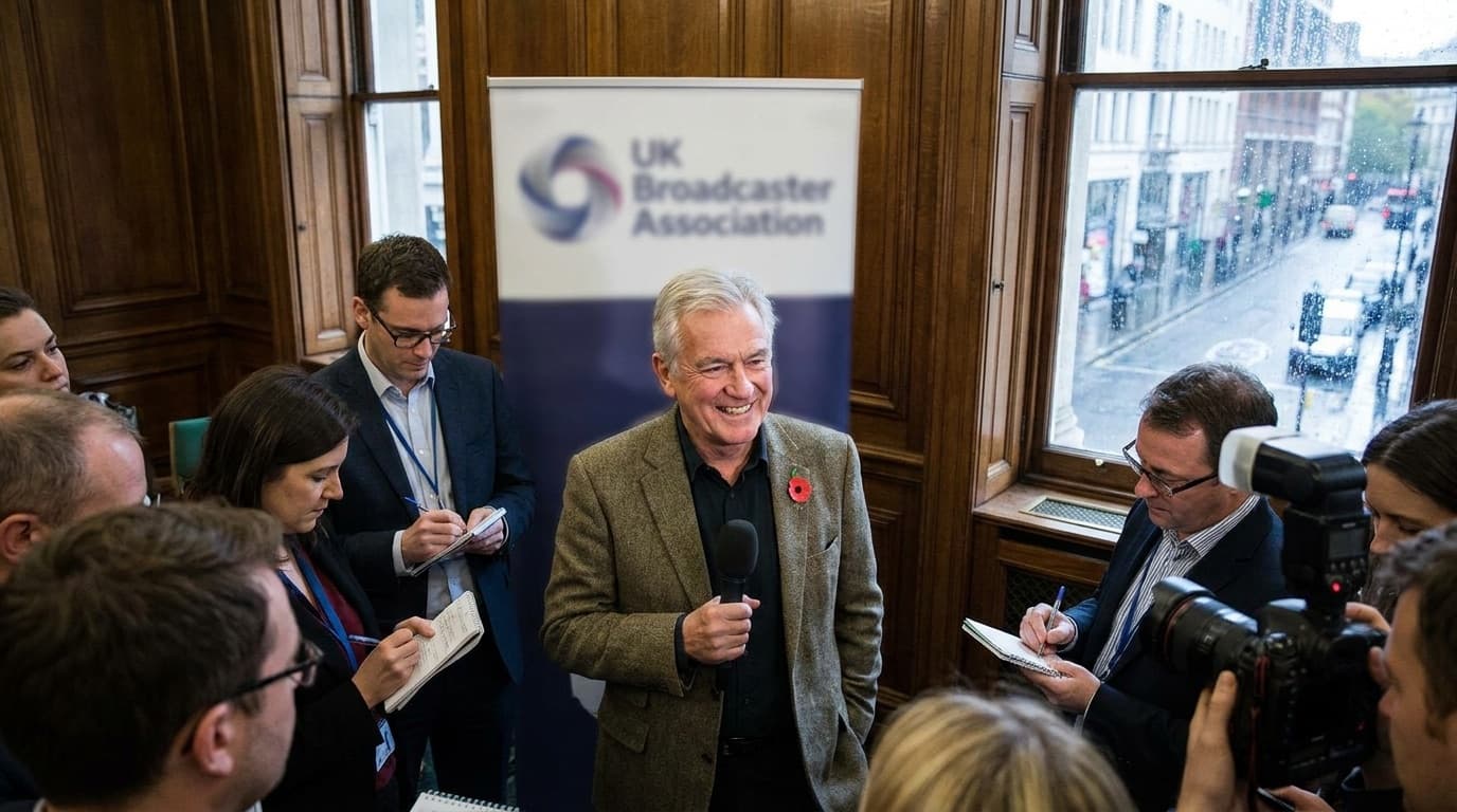 A distinguished British television actor smiling at a press event
