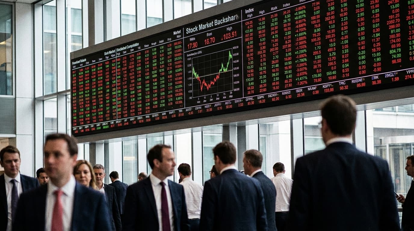 A stock market display board showing financial data