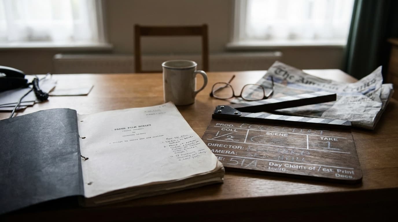 Film script and clapperboard on a desk