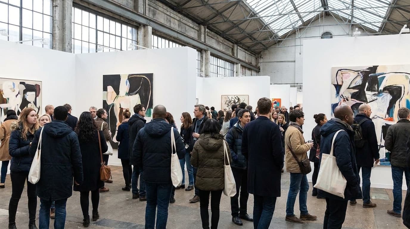 Visitors viewing paintings inside a major contemporary art fair