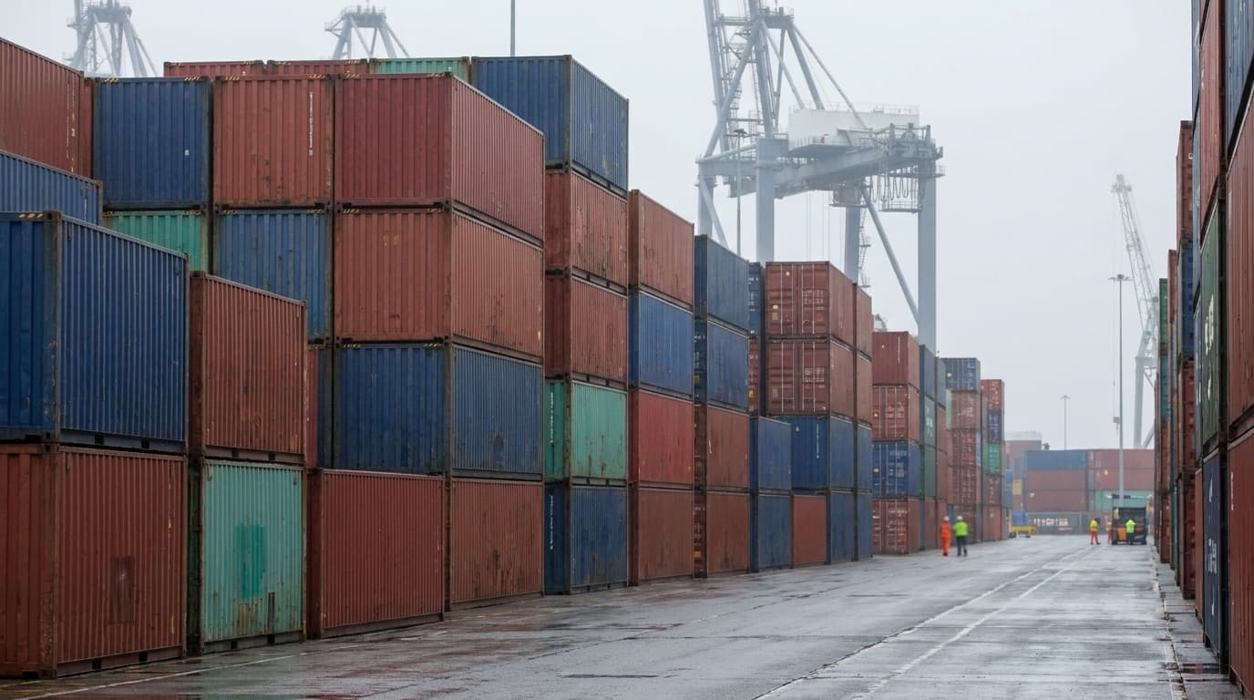Generic stacked shipping containers at a port, no logos or identifying marks