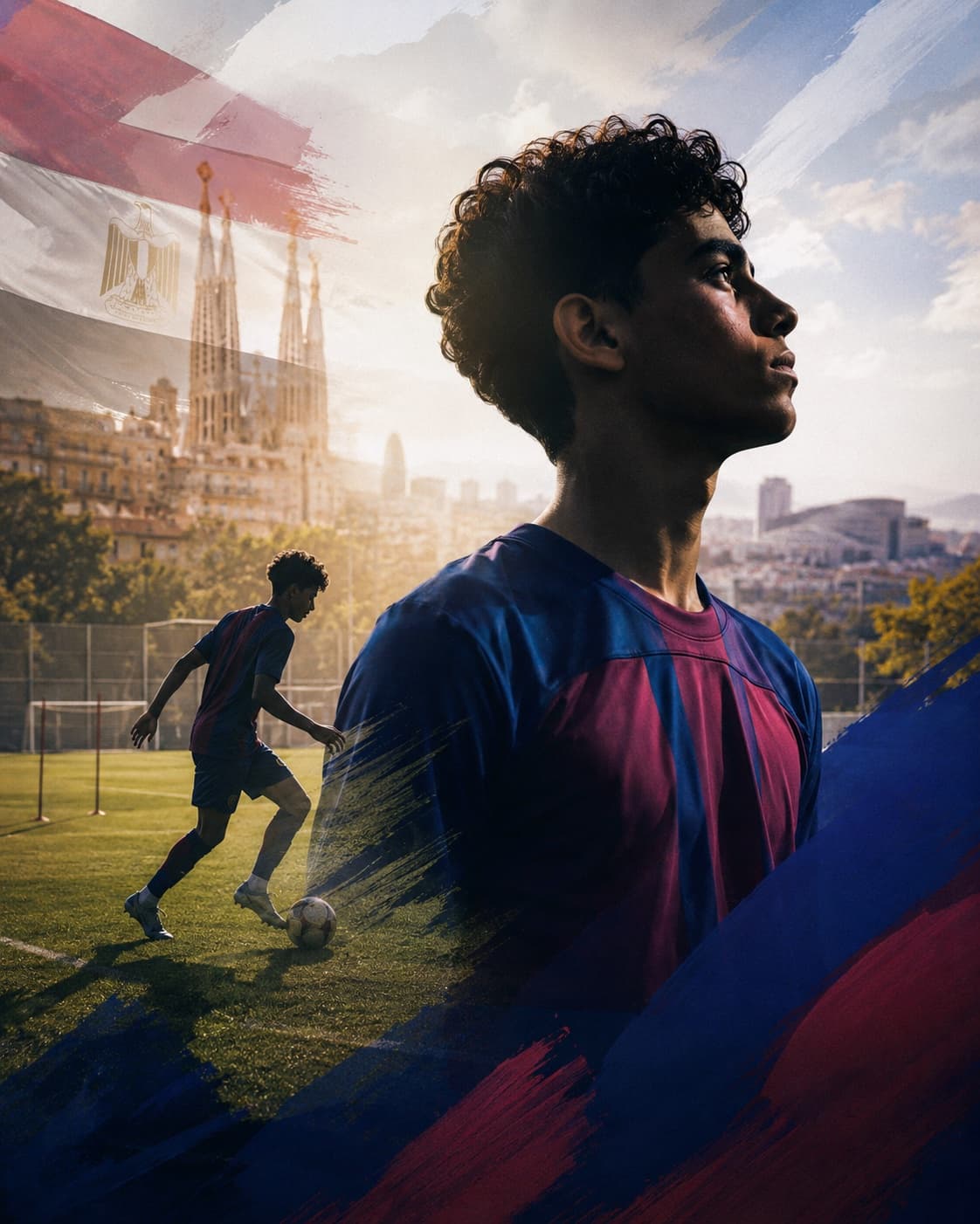 A young footballer training alone with a ball on a sunlit pitch