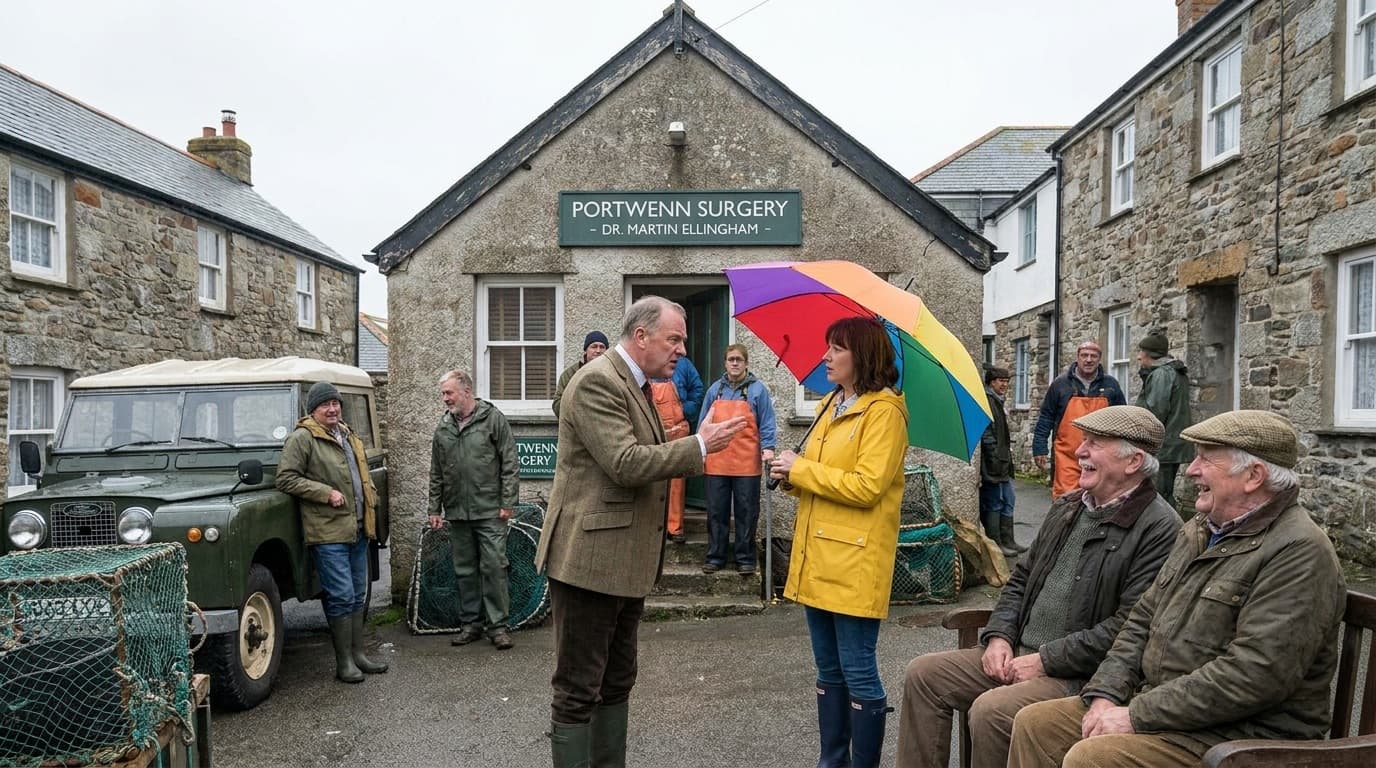 A coastal fishing village doctor's surgery in a comedy drama setting