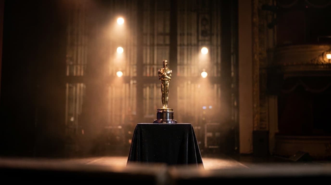 A golden awards trophy on a dark stage with stage lights behind it
