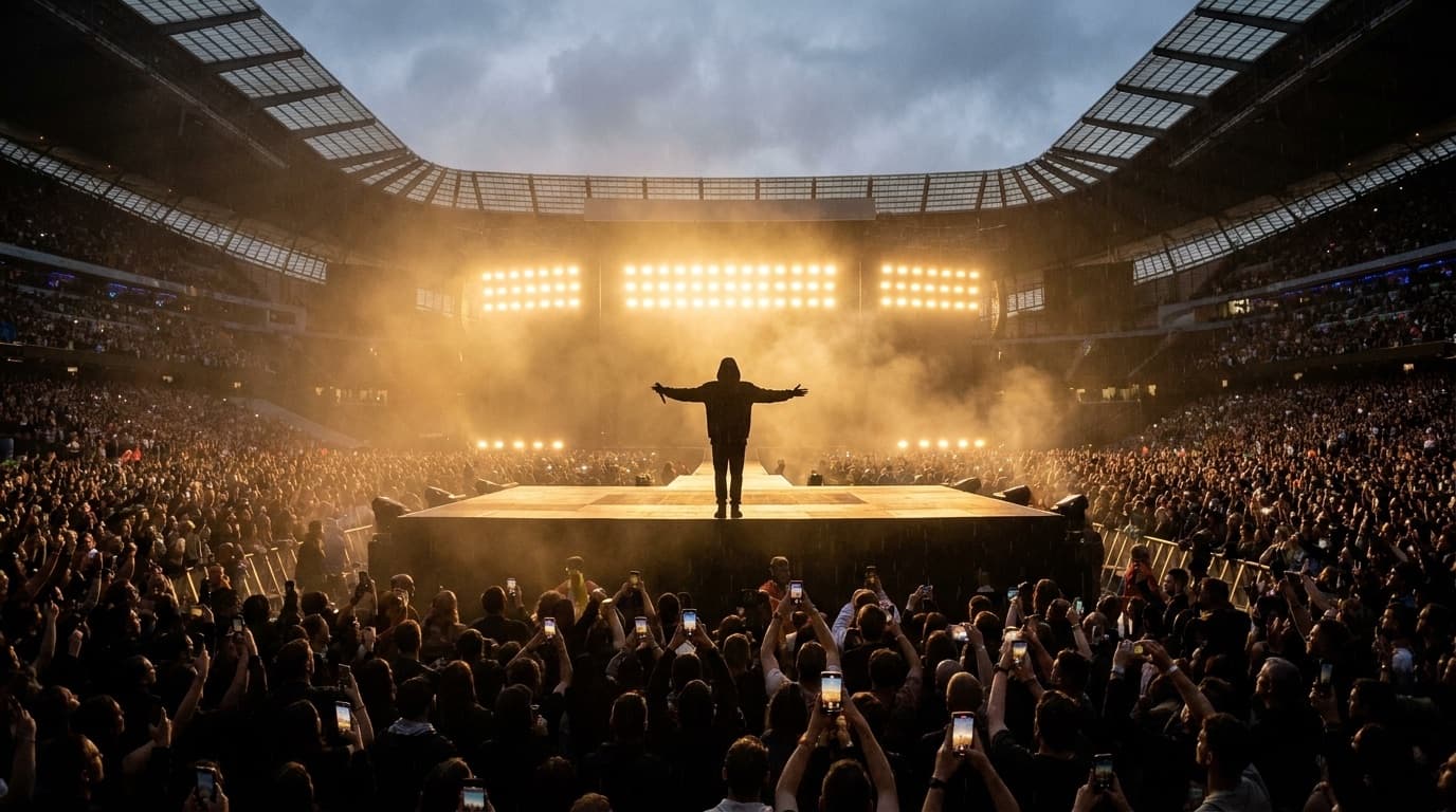 A silhouetted performer on a vast stadium stage bathed in golden light