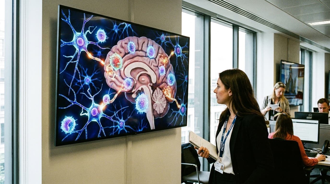A digital illustration of immune cells and neurons in the human brain