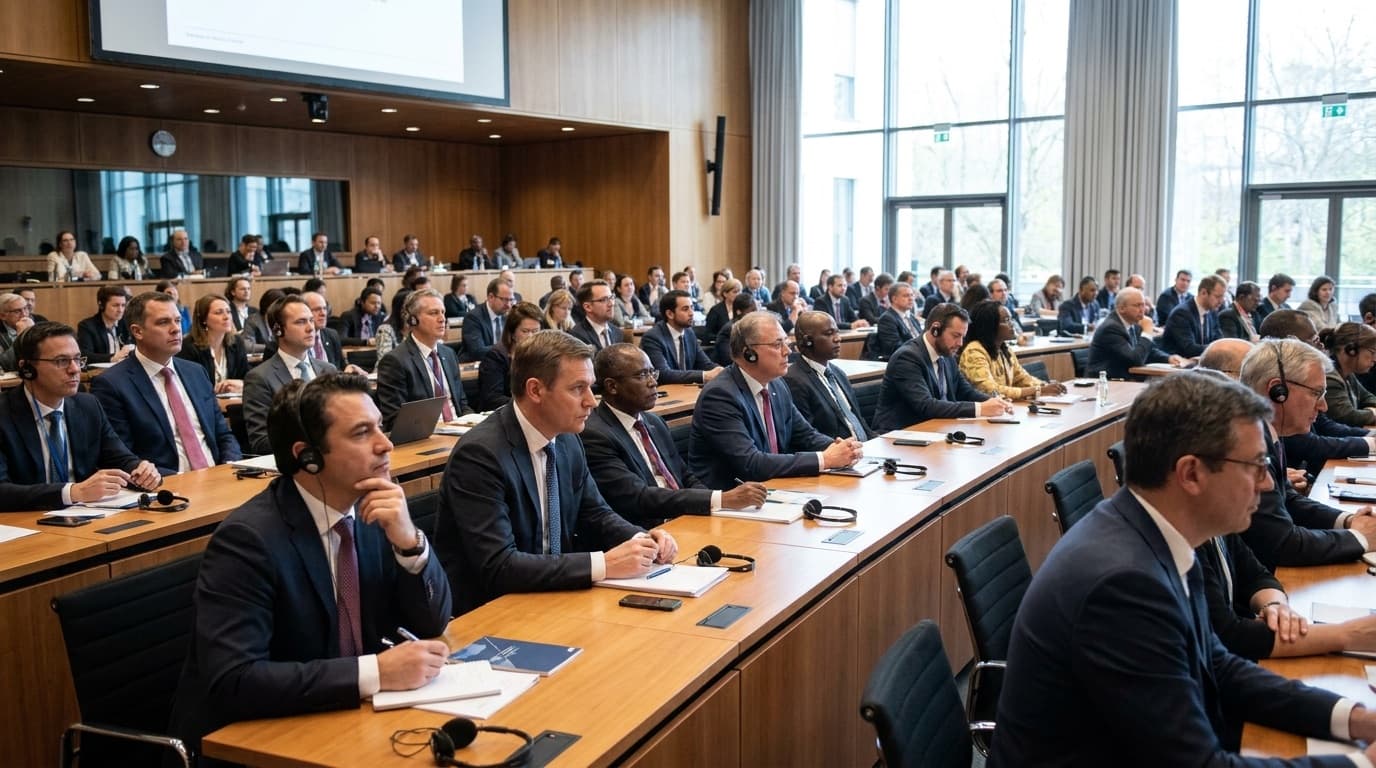 Delegates seated in a plenary hall at the UN climate negotiations in Bonn