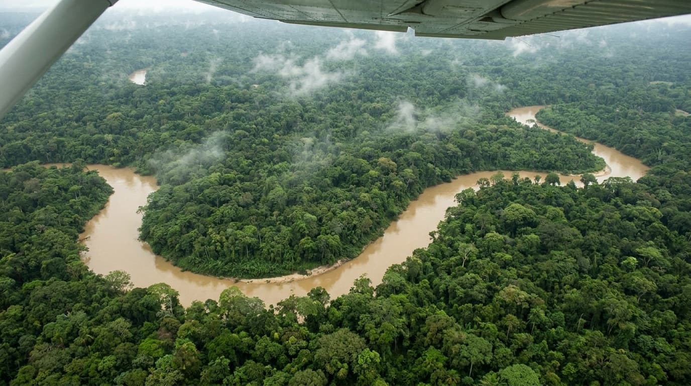 Aerial view of dense Amazon rainforest cut through by a winding river
