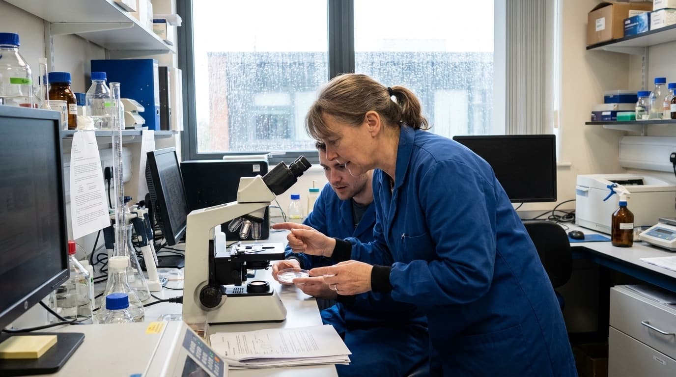 A scientist examining cell samples in a laboratory