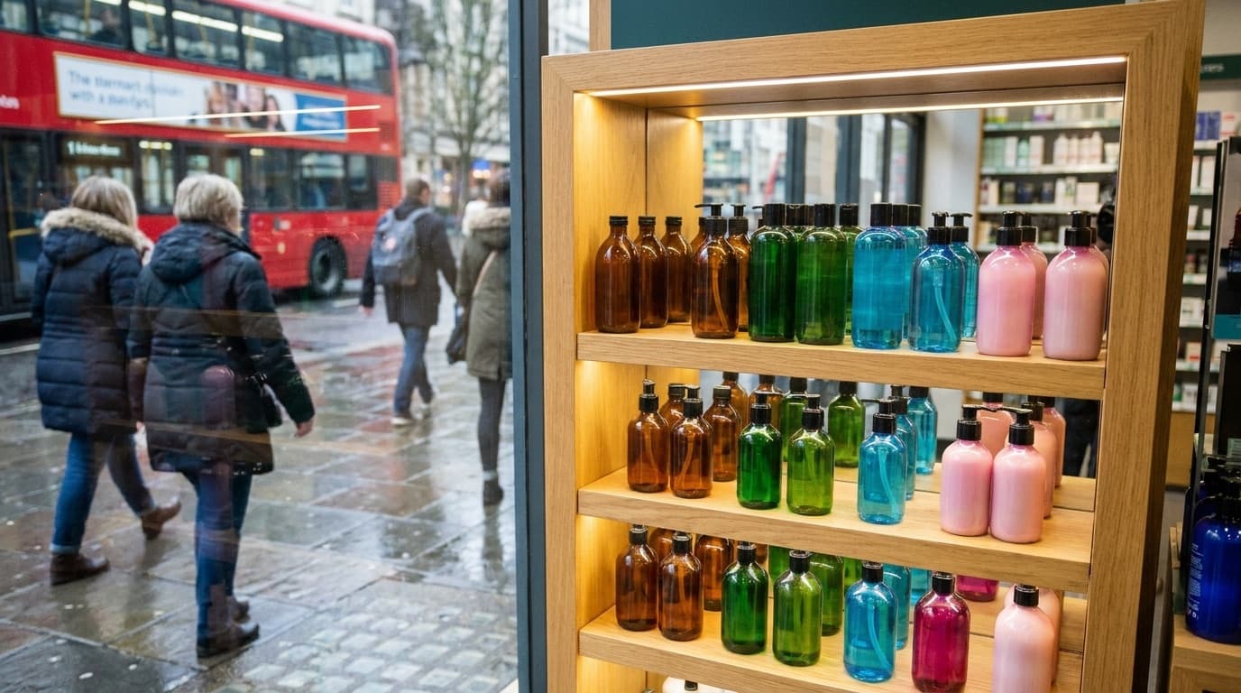 A row of colourful haircare bottles on a bright display shelf