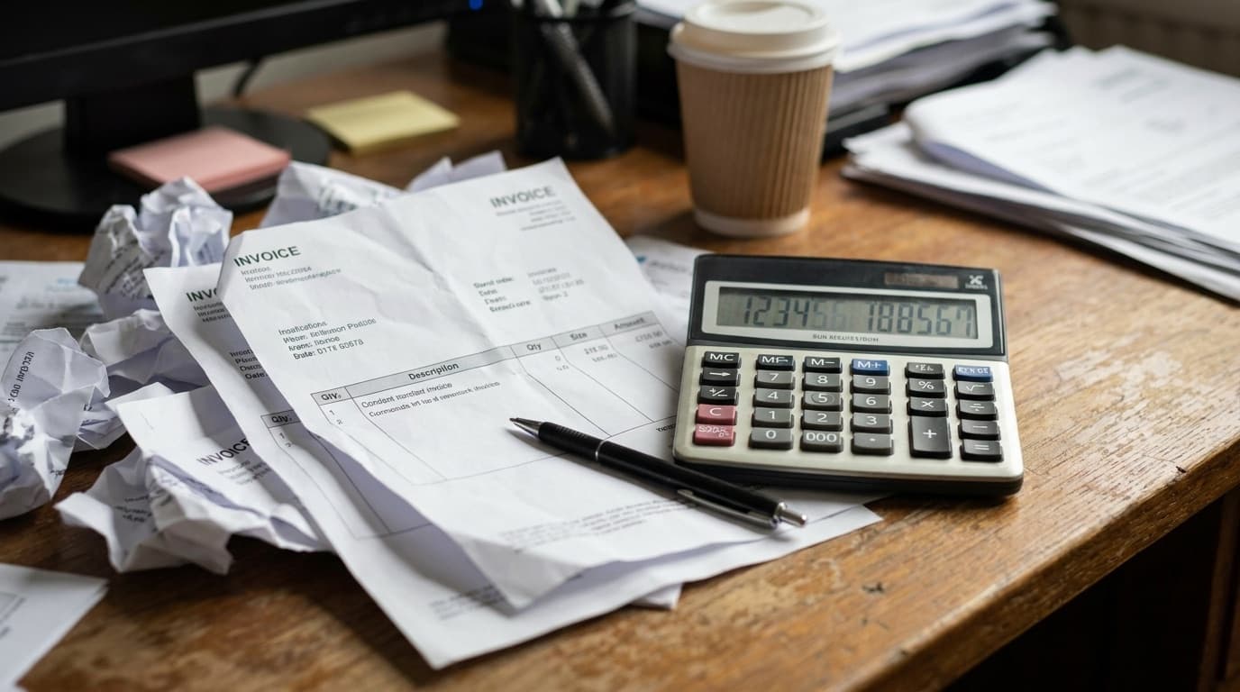 Calculator, invoices and a pen representing business tax costs