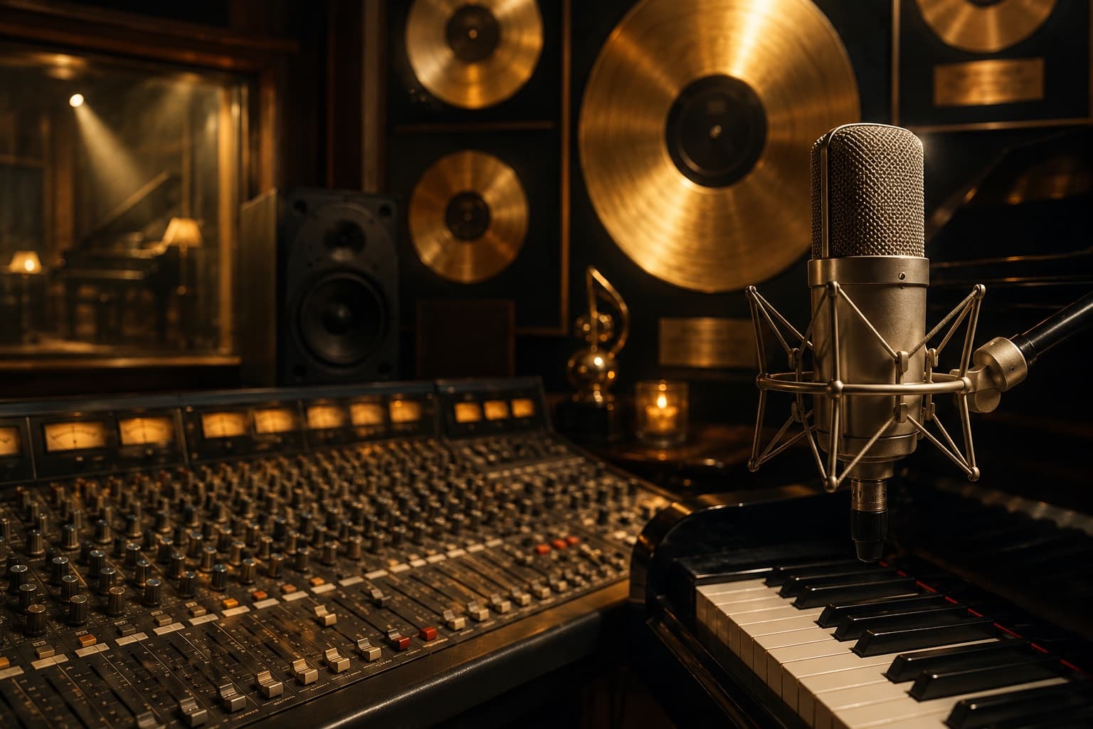 A vintage recording studio mixing desk with faders and microphones, no identifiable people
