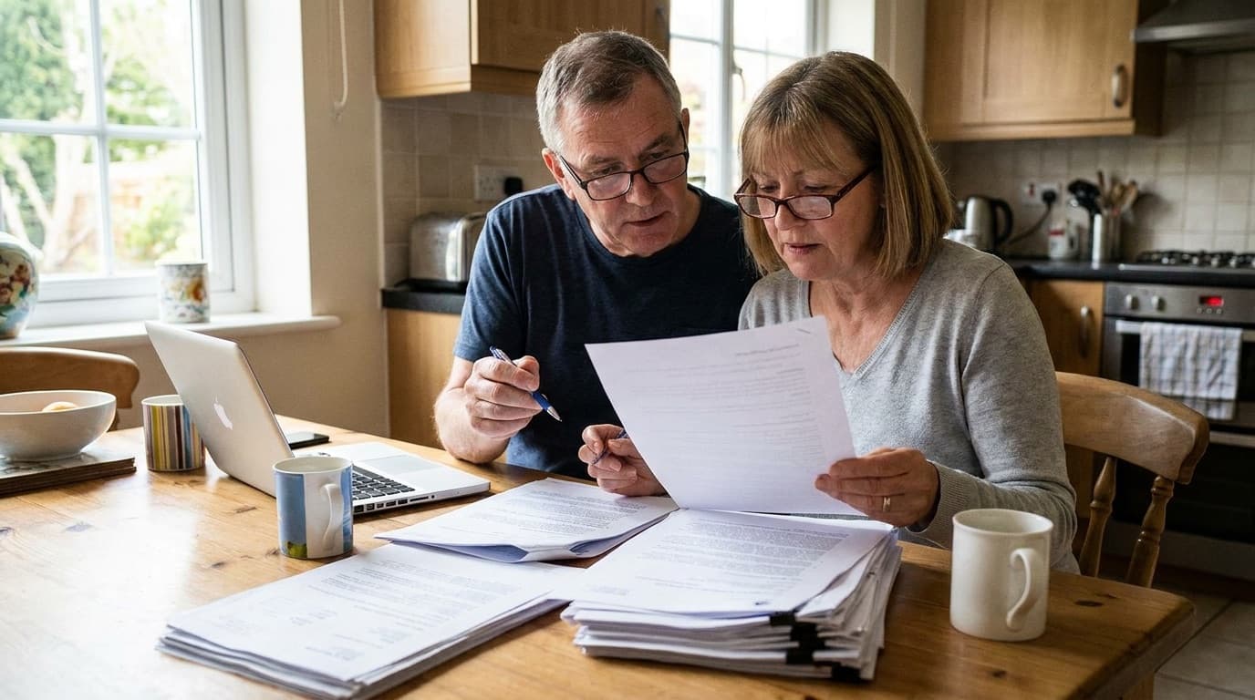 A couple reviewing legal documents at a kitchen table
