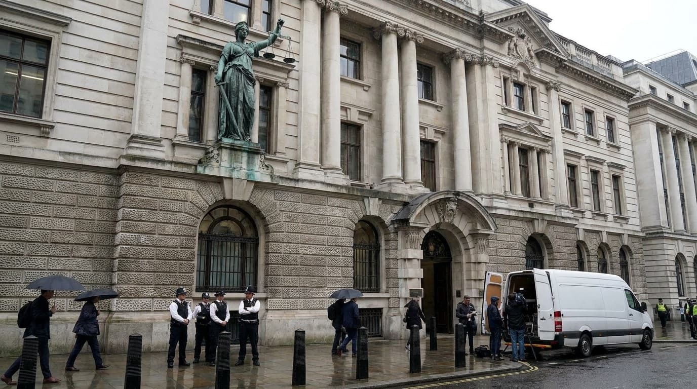 Exterior of a UK courthouse with stone columns and a justice statue