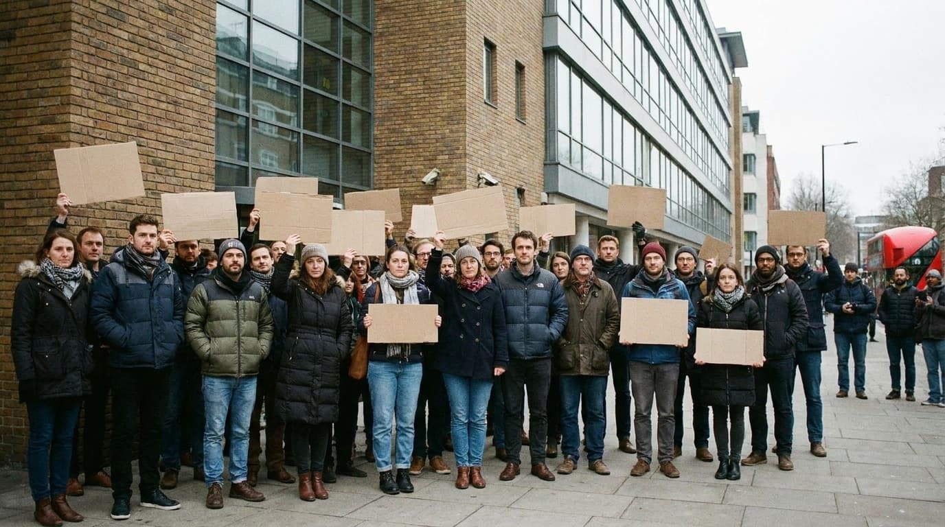 Television and radio studio staff standing together outside a broadcasting building holding handmade signs
