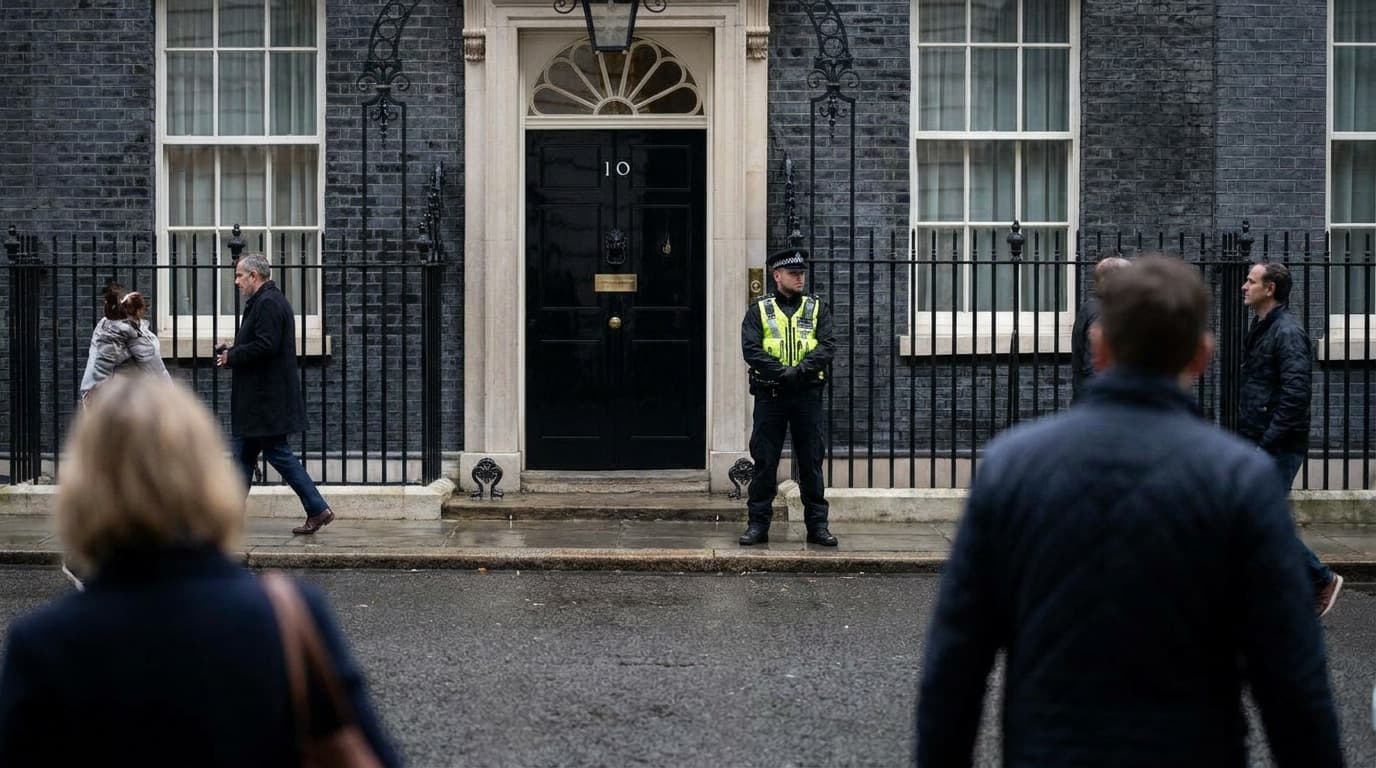 The black door of 10 Downing Street with a police officer standing outside