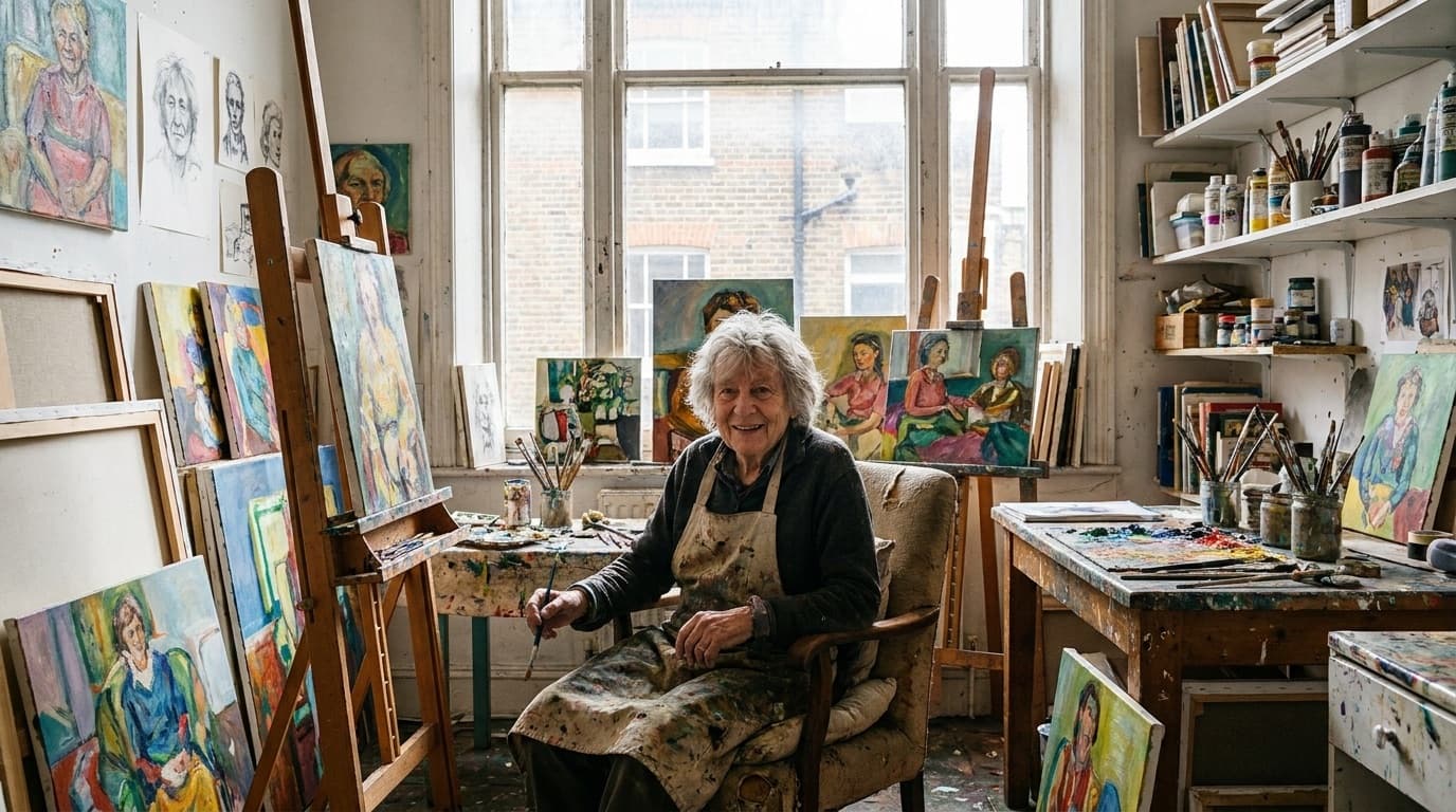 Portrait of an elderly artist in a colourful studio surrounded by paintings