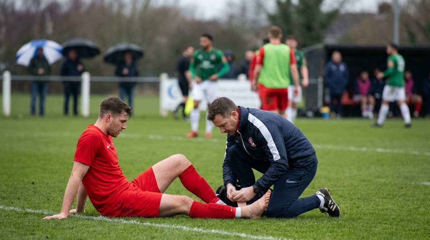 A midfielder in a generic red kit receiving treatment on the touchline during a match