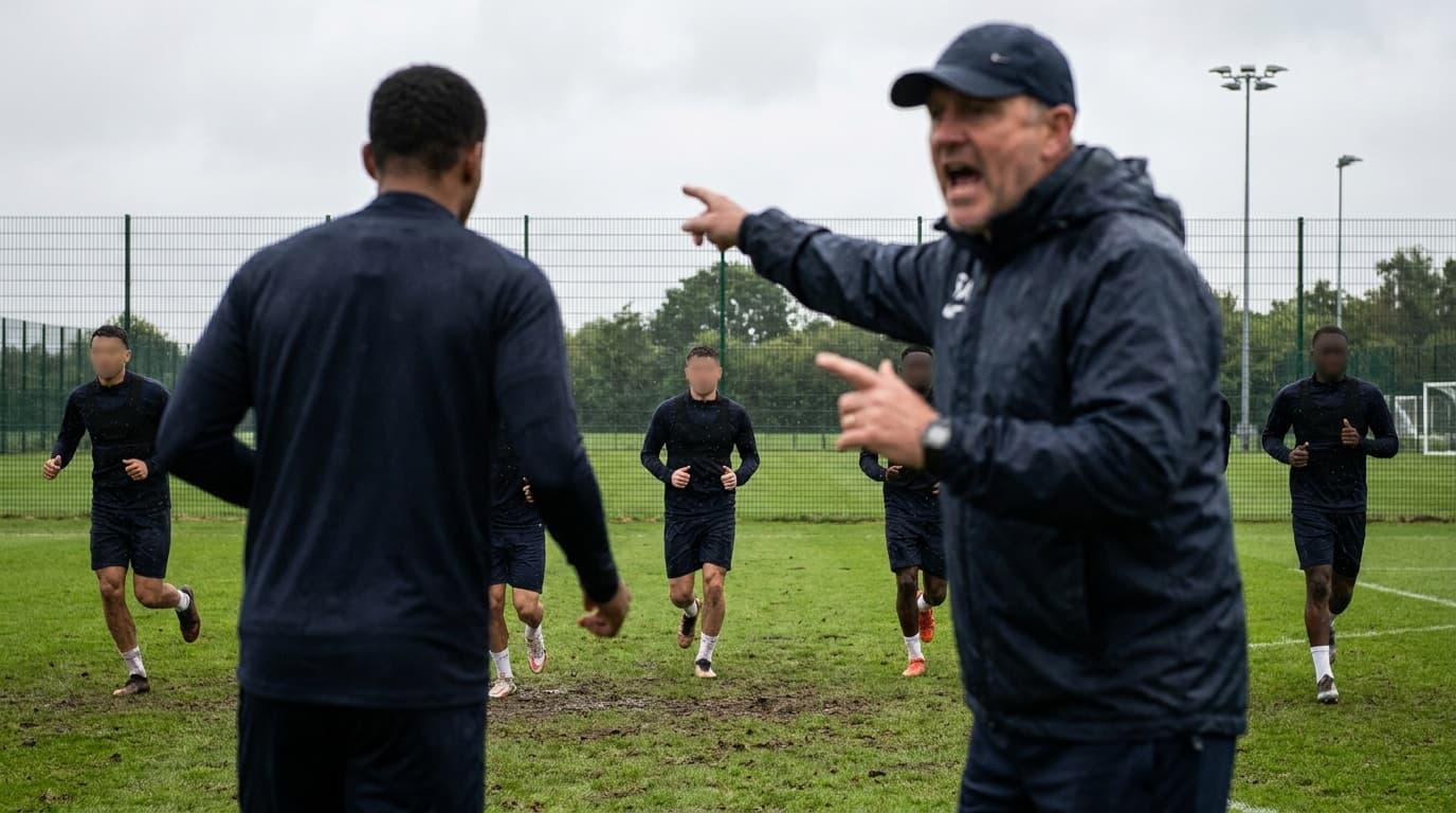 A football coach gesturing emphatically on a training pitch as players in plain kit run a drill behind him