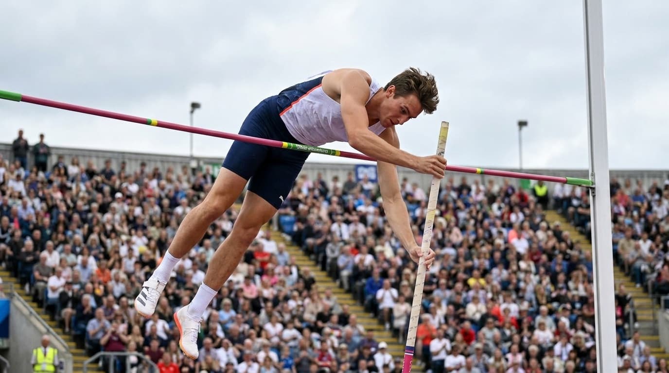 A pole vaulter clears the bar against a stadium backdrop at a Diamond League meeting