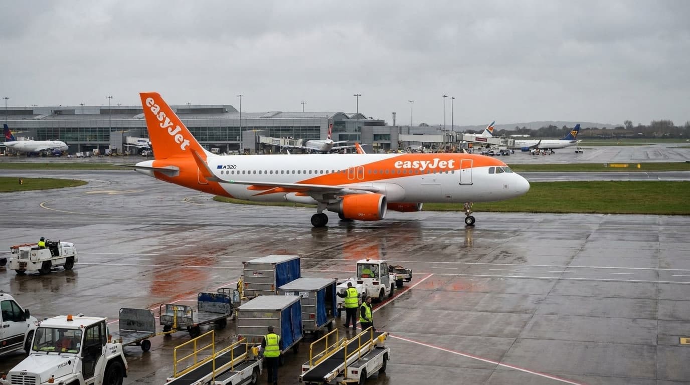 An easyJet aircraft on the tarmac at a UK airport under an orange tail fin