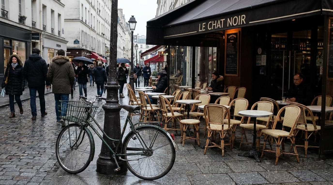 A Parisian street scene with cafe tables and a vintage bicycle
