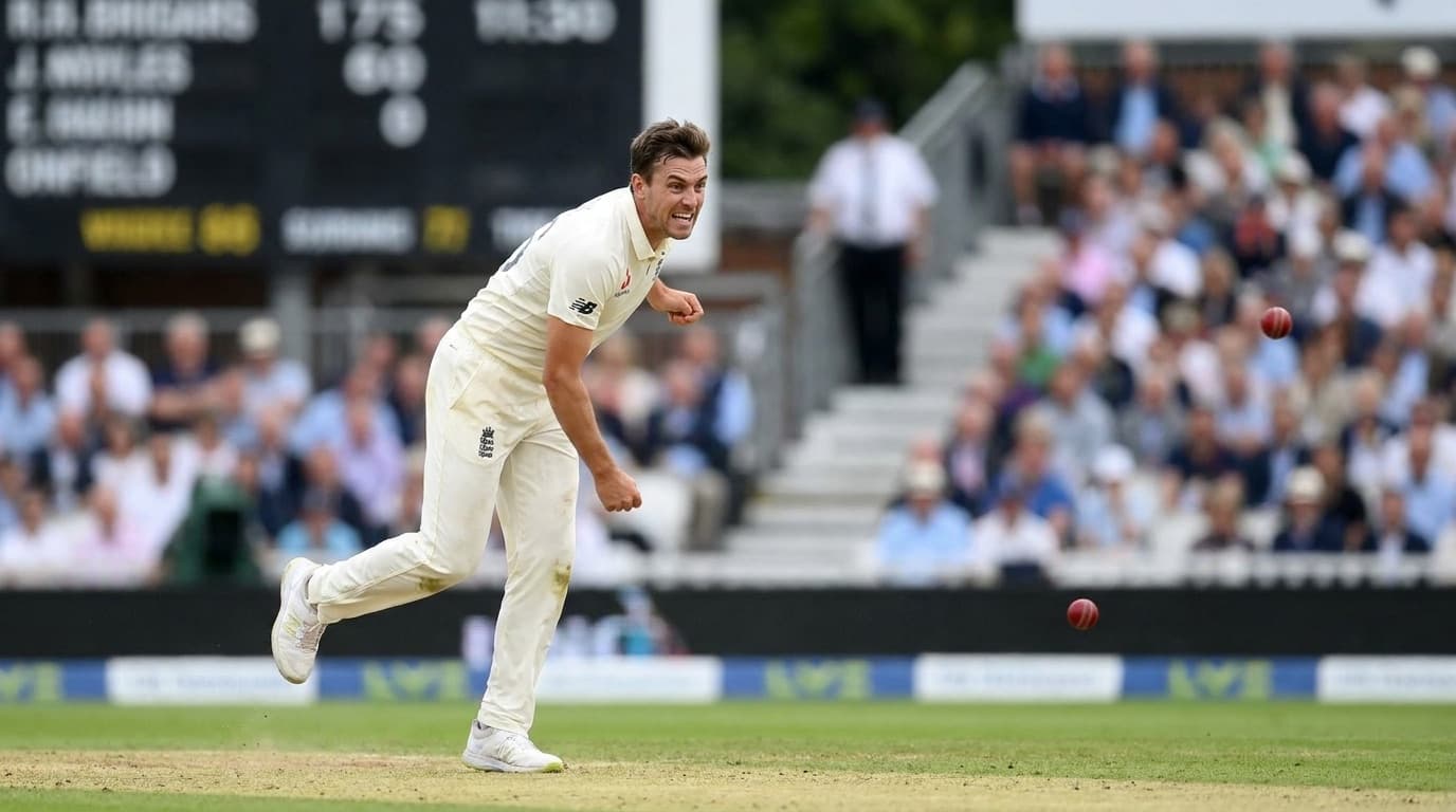 A cricket bowler in whites delivering at a Test match ground