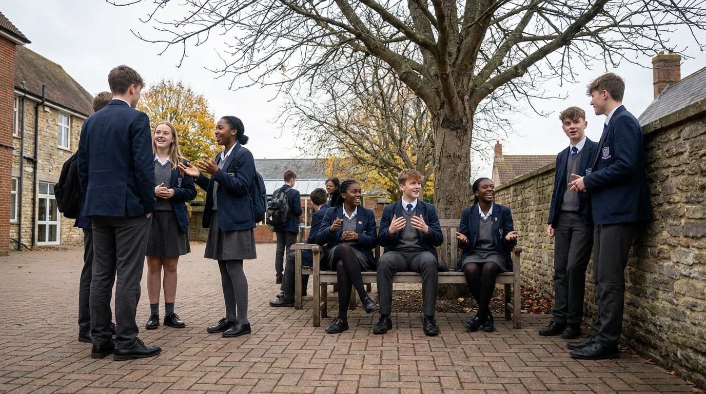 Secondary school pupils talking together during a break without phones