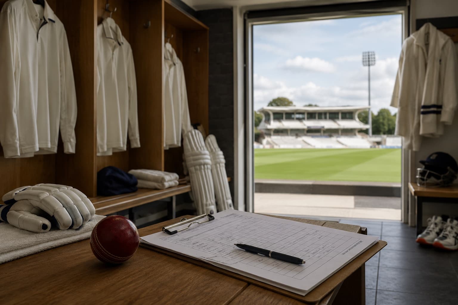 A cricket pitch and stumps at a packed Test match ground under floodlights