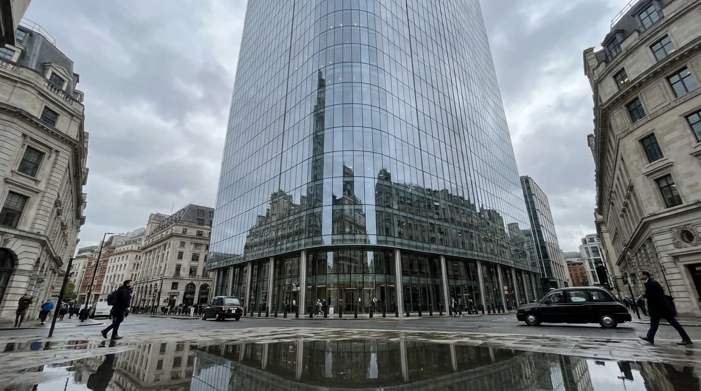 A glass corporate headquarters reflecting the sky in the City of London