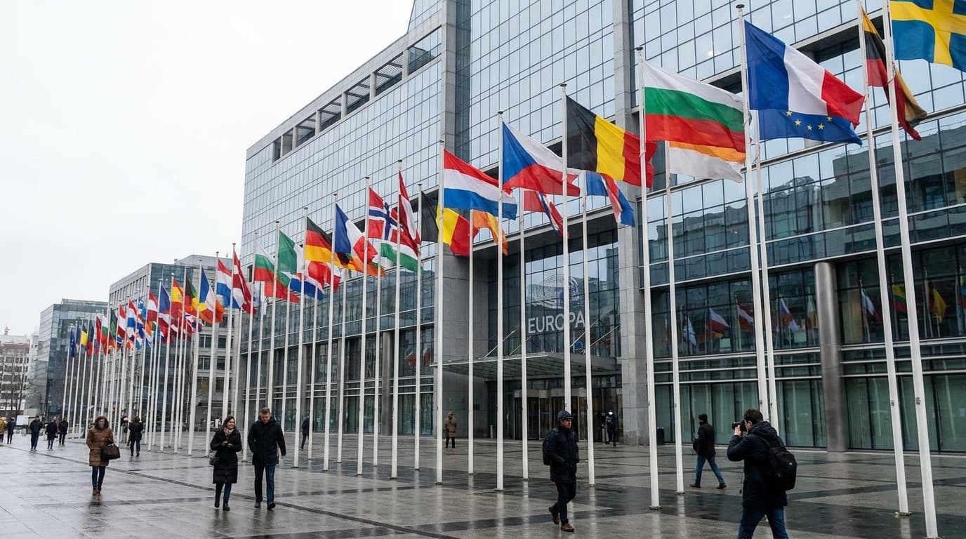 Flags of European Union member states outside the Europa building in Brussels