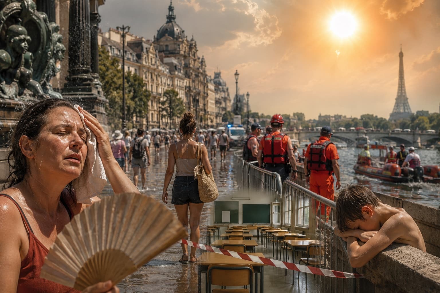 A crowded public outdoor swimming spot beside a river under a hazy bright summer sky