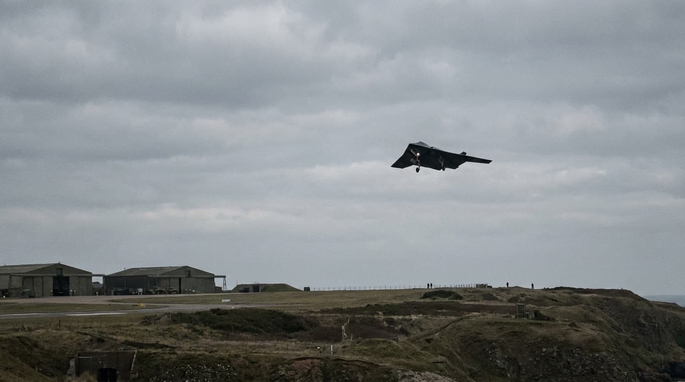 Concept silhouette of a next-generation combat aircraft against a grey sky