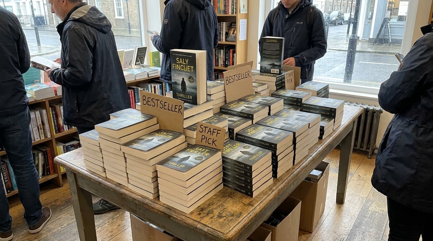 A bookshop table stacked with copies of a bestselling thriller novel