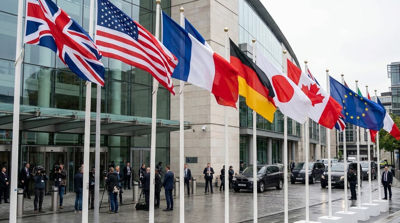 Flags of major nations outside an international summit venue