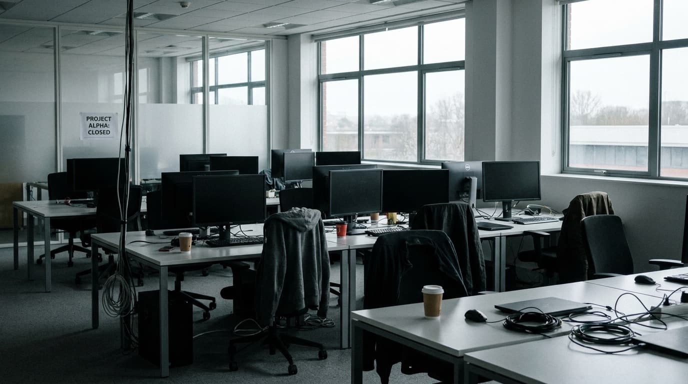 An empty games studio office with vacant desks and monitors