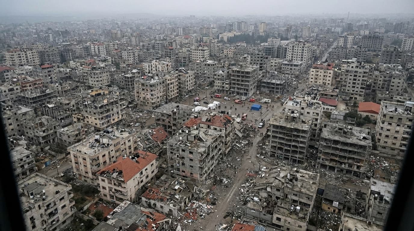 Aerial view of destroyed buildings in a war-damaged city