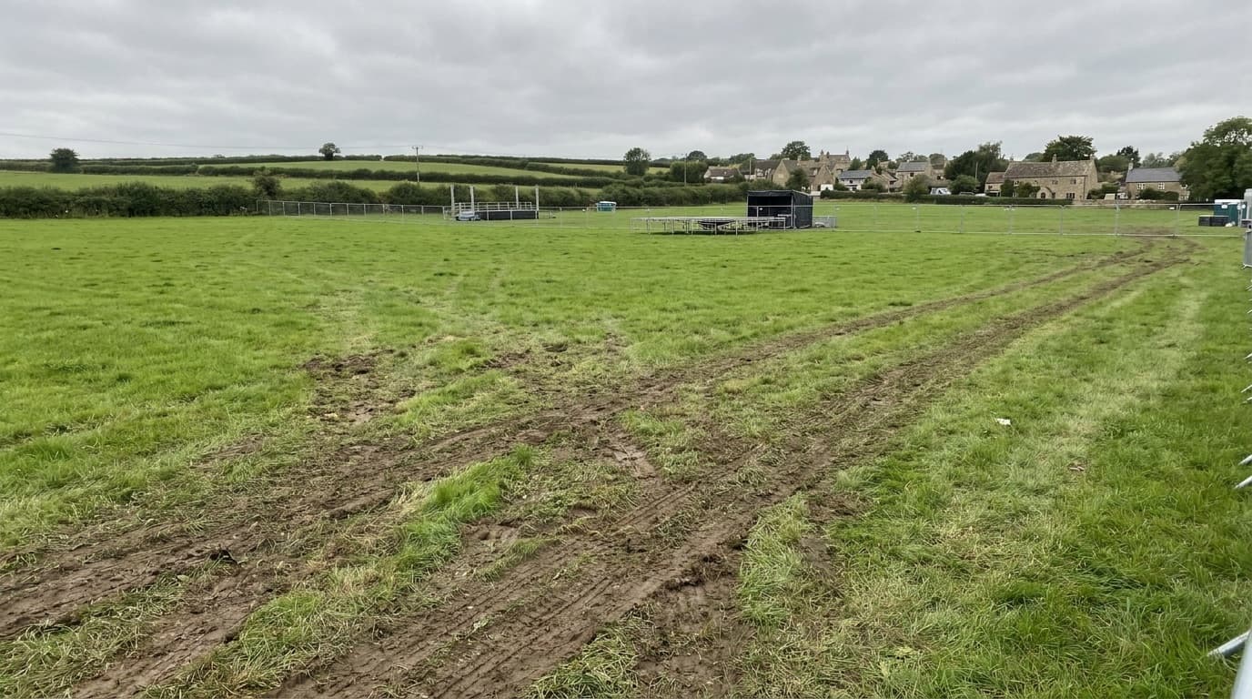 An empty green festival field in the English countryside