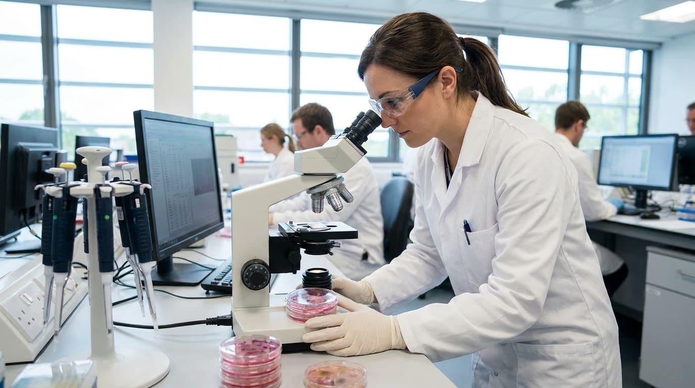 A laboratory scientist examining cancer-drug research samples at a pharmaceutical facility