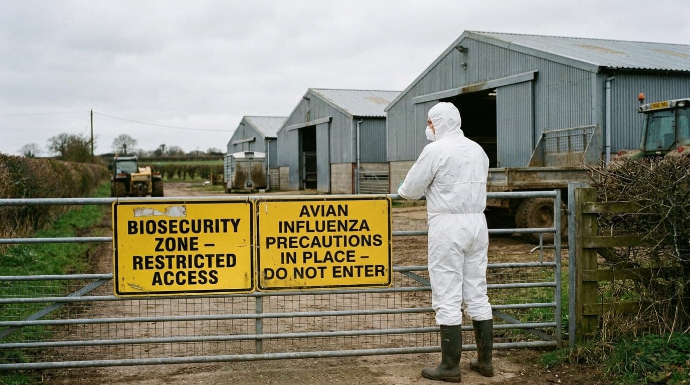 A worker in protective coveralls stands at the entrance of a fenced poultry farm with biosecurity signage, no brand names visible