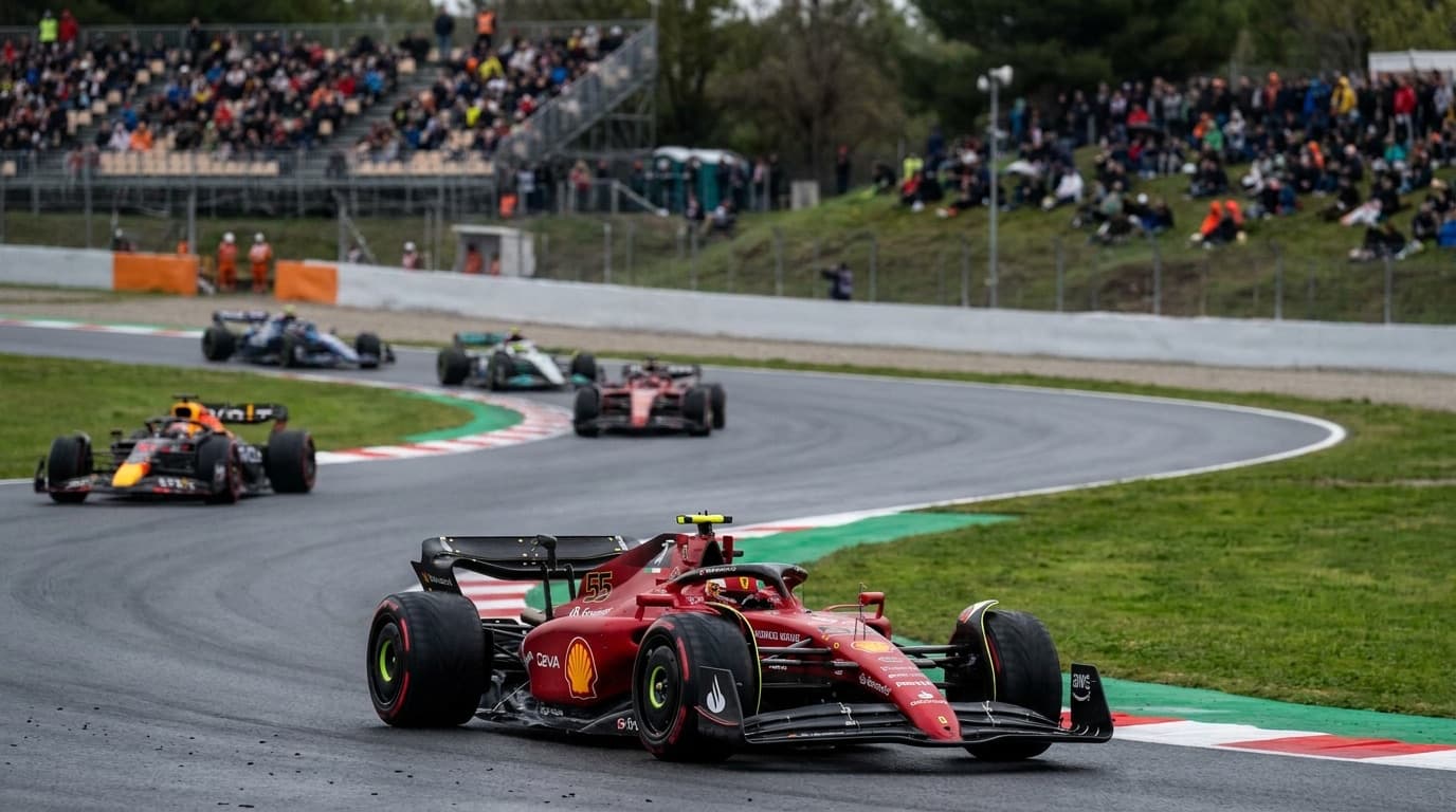A Ferrari Formula 1 car leads on track at the Barcelona-Catalunya circuit