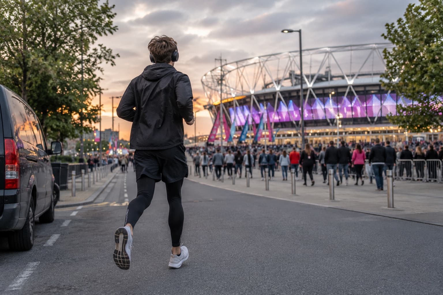 A runner in sportswear and headphones jogging along a city street near a large stadium at dusk