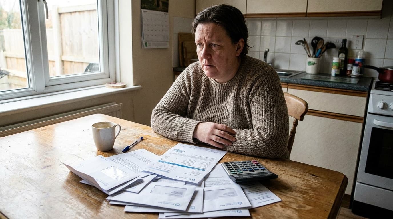 Person reviewing household bills at a kitchen table