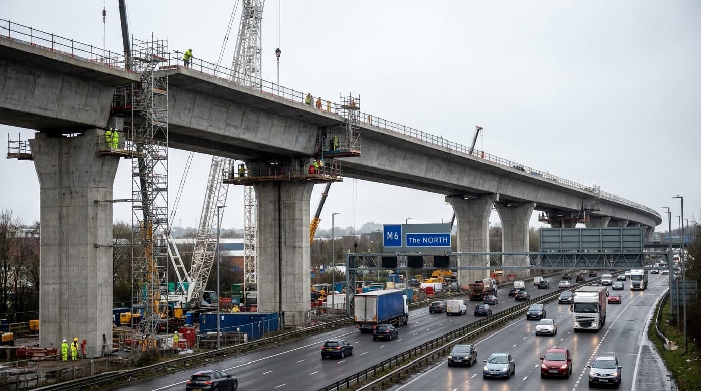 Large concrete viaduct under construction above a motorway
