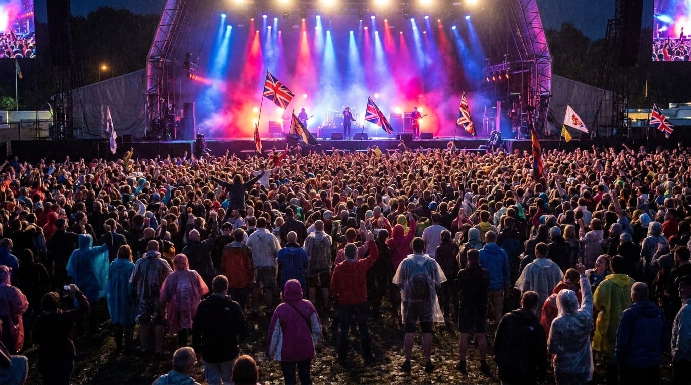 Large arena crowd at a music festival under stage lights